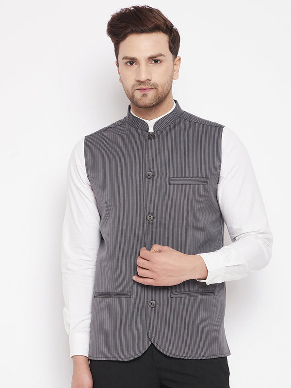 Men's Grey Color Woven Nehru Jacket - Even Apparels