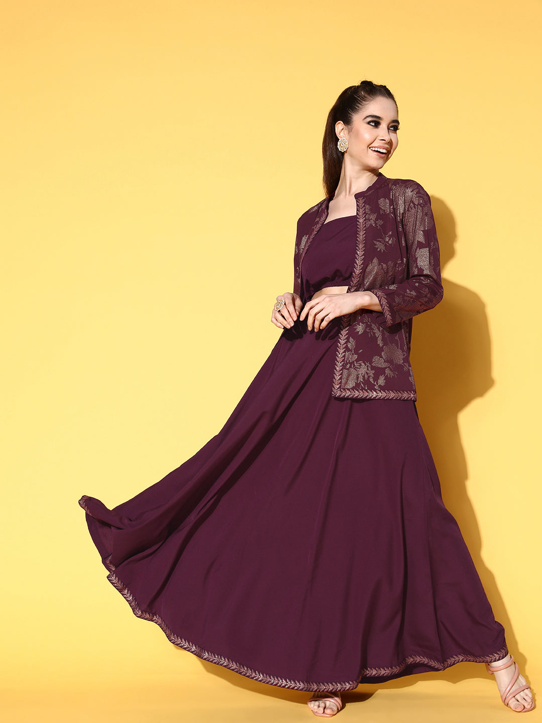 Women's Burgundy Top With Skirt & With Jacket - Ahalyaa