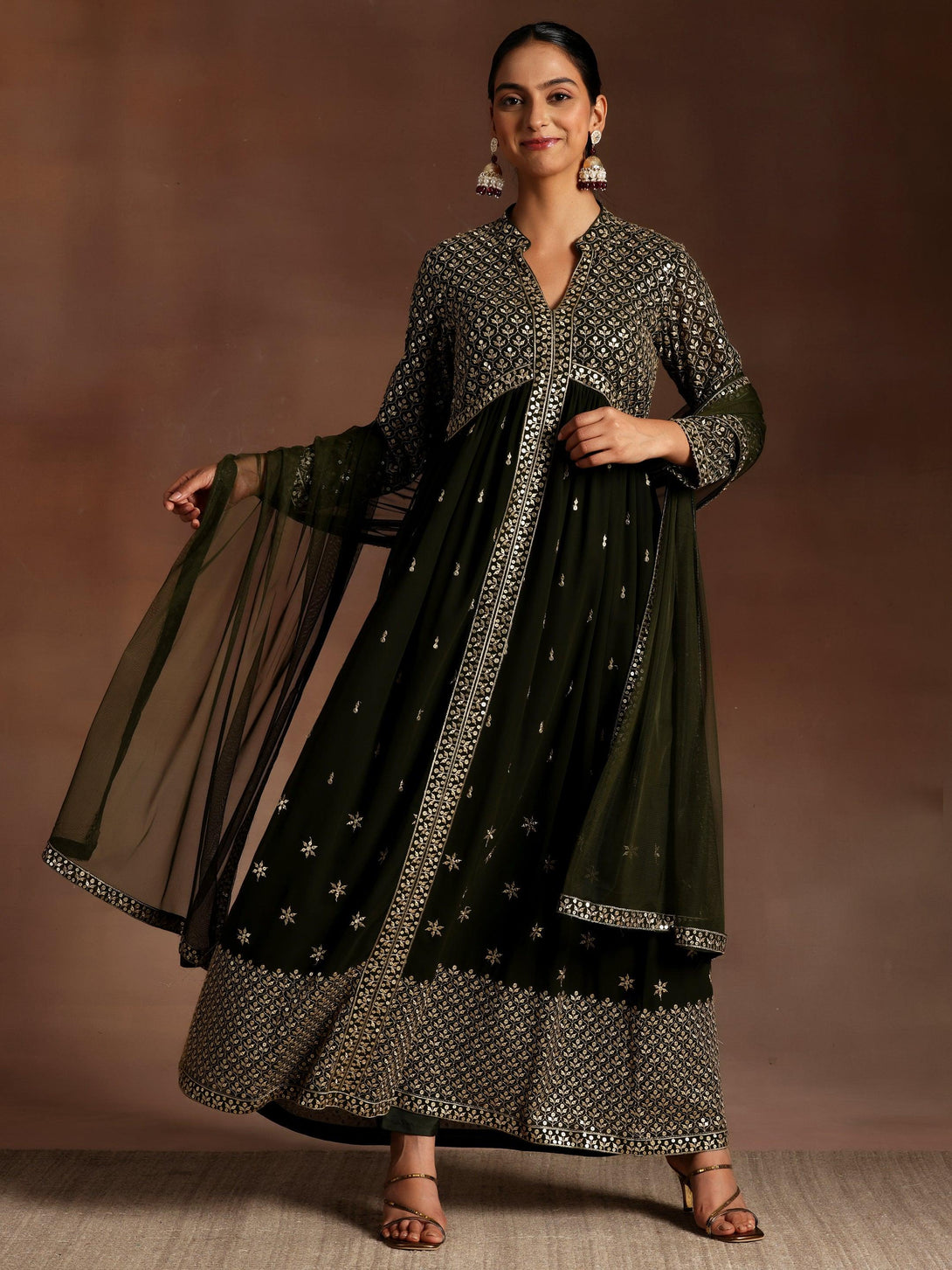 Olive Embroidered Georgette A-Line Kurta With Trousers & Dupatta - Jashvi