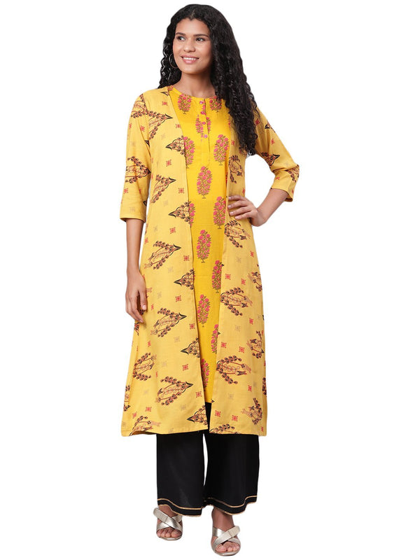 Women's Yellow Printed 3/4 Sleeve Cotton Round Neck Casual Kurta & Shrug Set - Myshka