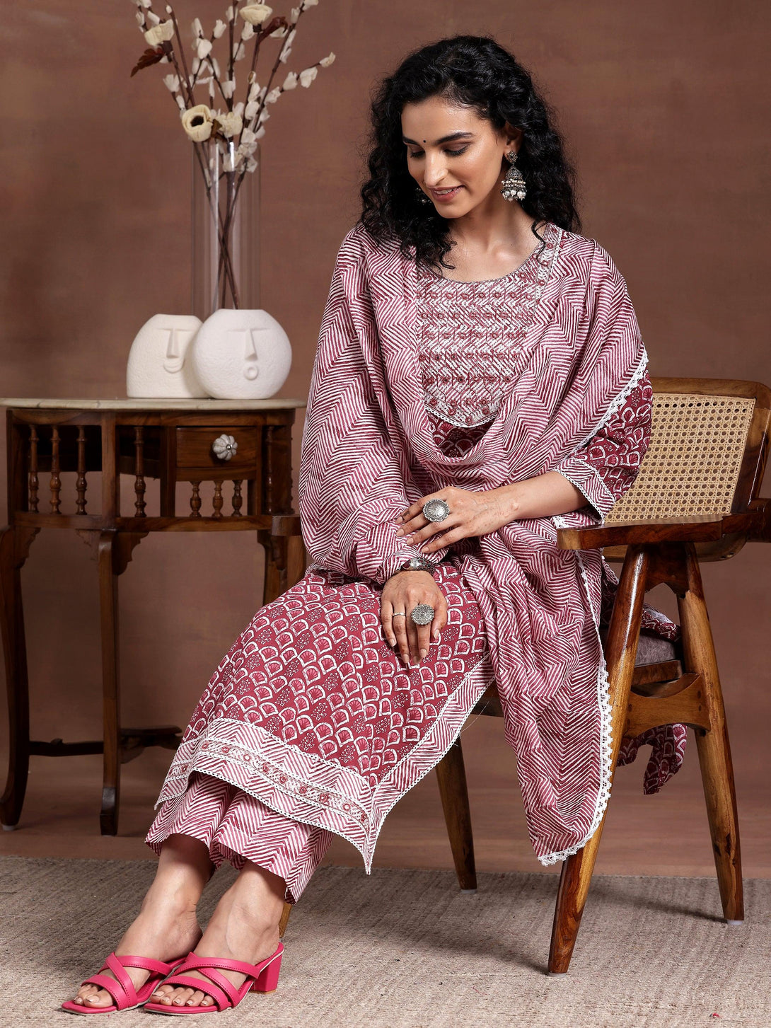 Maroon Printed Cotton Straight Suit With Dupatta - Jashvi