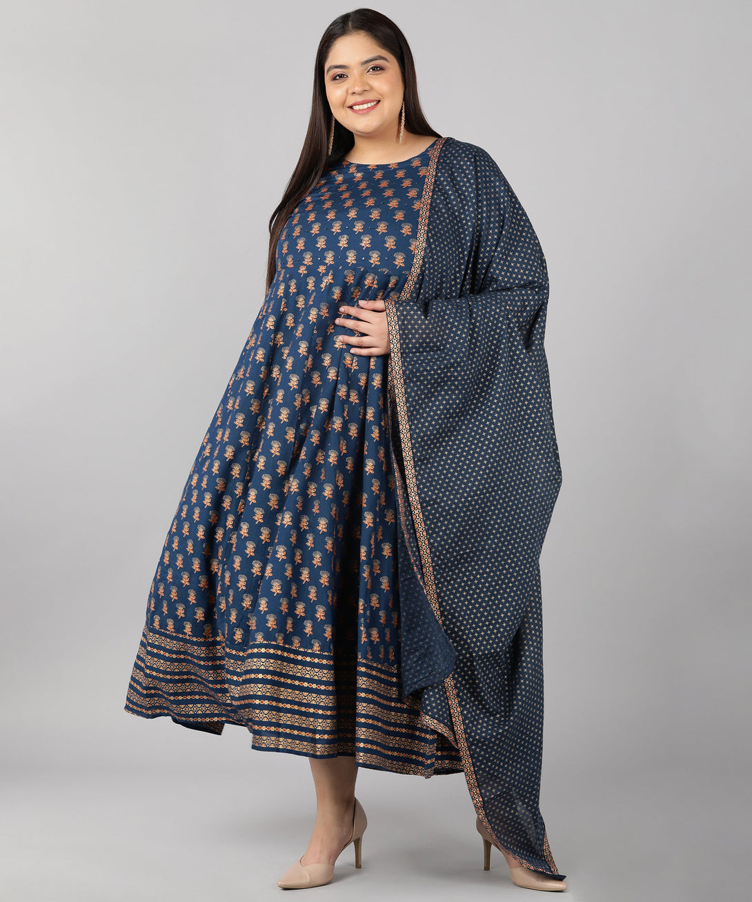 Women's Rayon Printed Anarkali Kurta Set (Blue) - Kipek