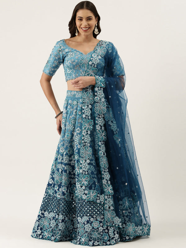 Women's Teal Pure Georgette Sequinse Work Fully Stitched Lehenga & Fully Stitched Blouse With Dupatta - Royal Dwells