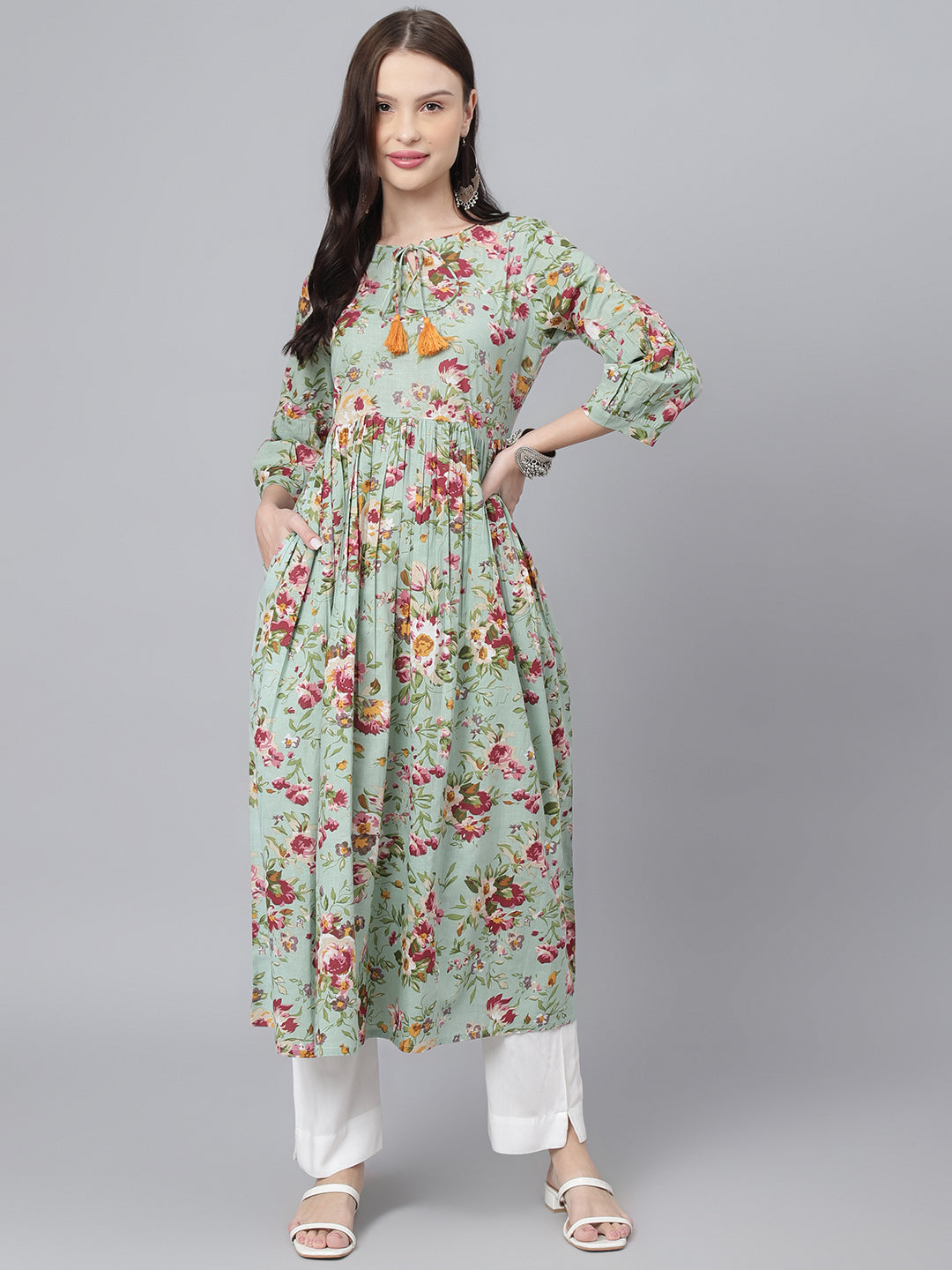 Women's Green Floral Print Cotton A-Line Midi Kurta - DECKEDUP