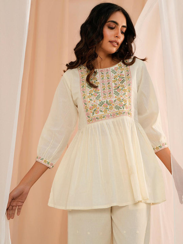 Off White Yoke Design Cotton A-Line Kurti - Jashvi