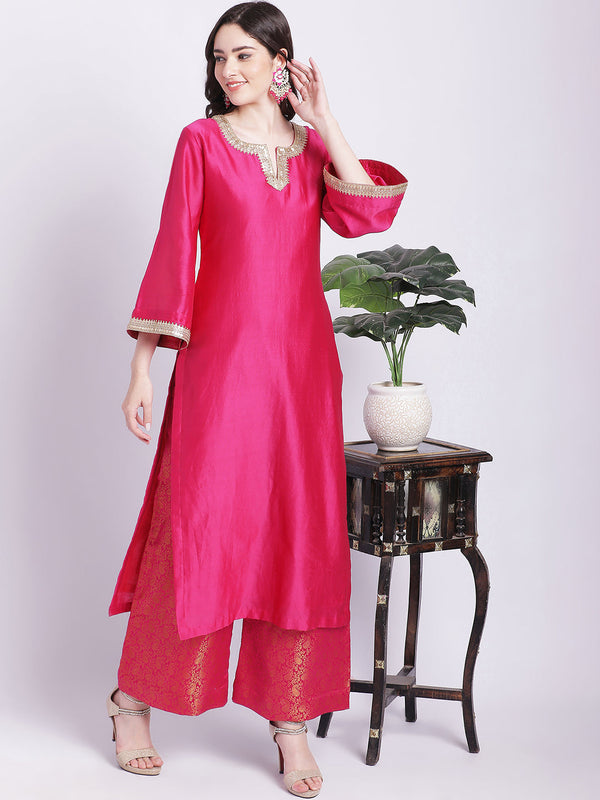 Women's Raani Pink Chanderi Kurti With Banarsi Palazzo - Anokherang