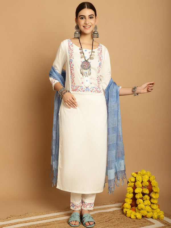 Women's Off White Rayon Trouser Dupatta Set - Taantav