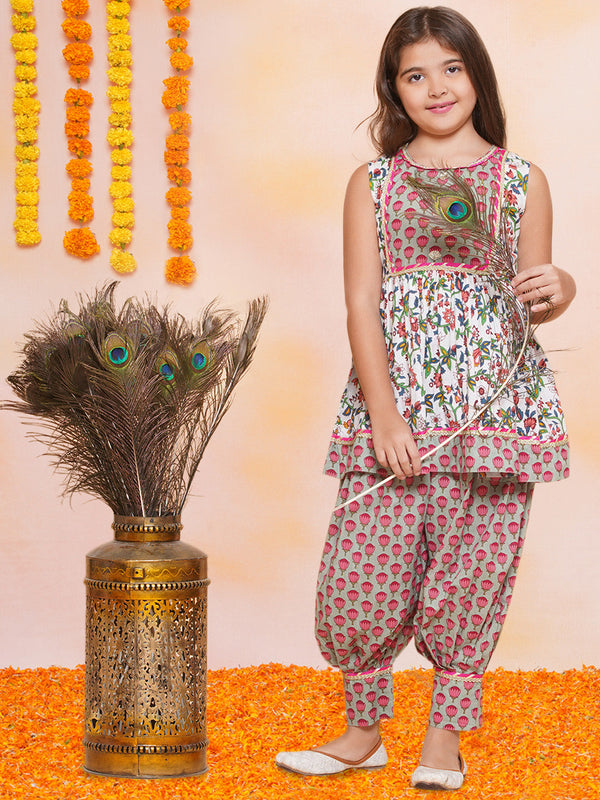 Jashvi Girls Off white Printed Short Kurta with Afgani Salwar.