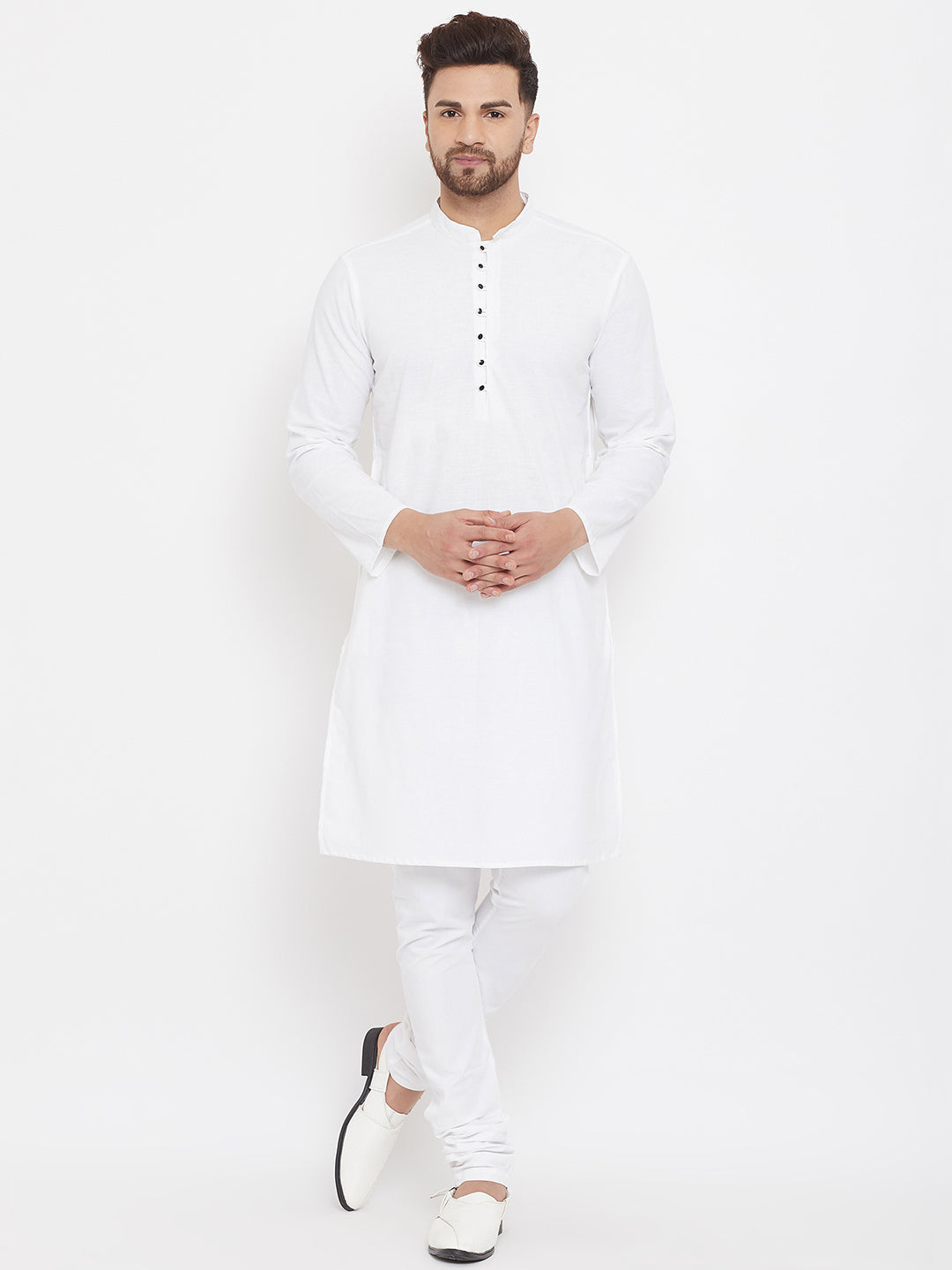 Men's White Pure Cotton Kurta With Band Collar - Even Apparels