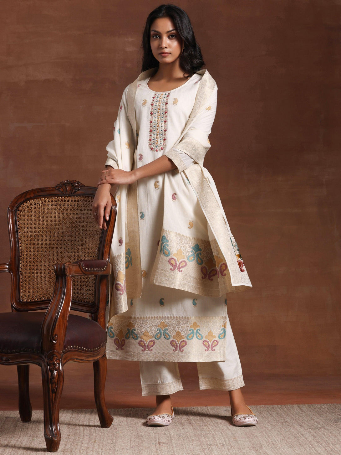 Off White Woven Design Cotton Straight Suit With Dupatta - Jashvi