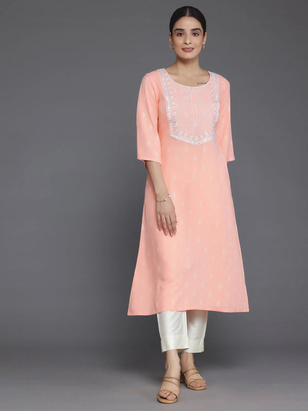 Peach Woven Design Rayon Straight Kurta