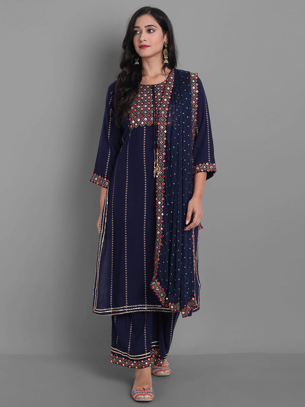 Women's Embroidred Kurta Pant And Dupatta Set (Navy Blue) - Noz2Toz