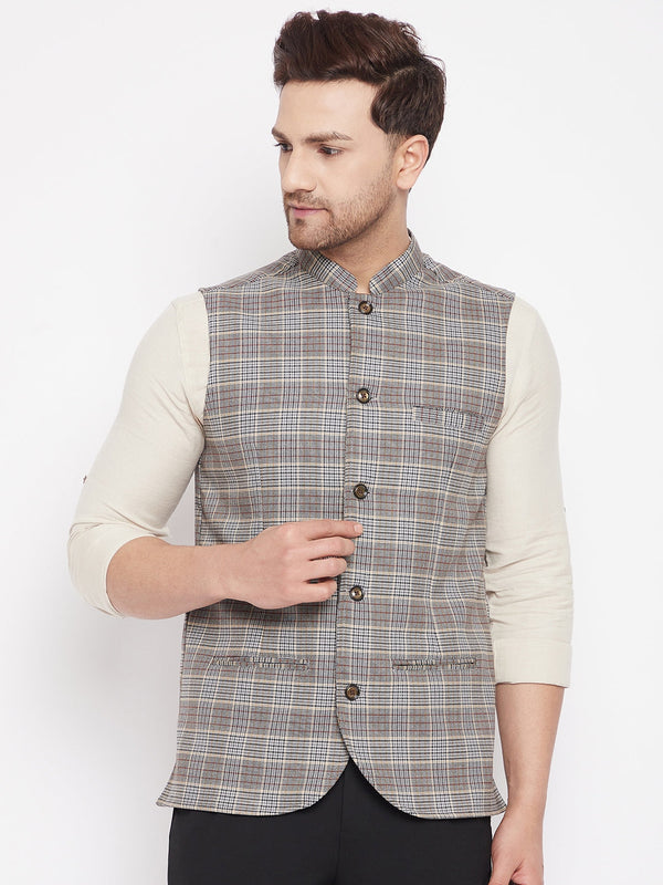 Men's Brown Color Woven Nehru Jacket - Even Apparels