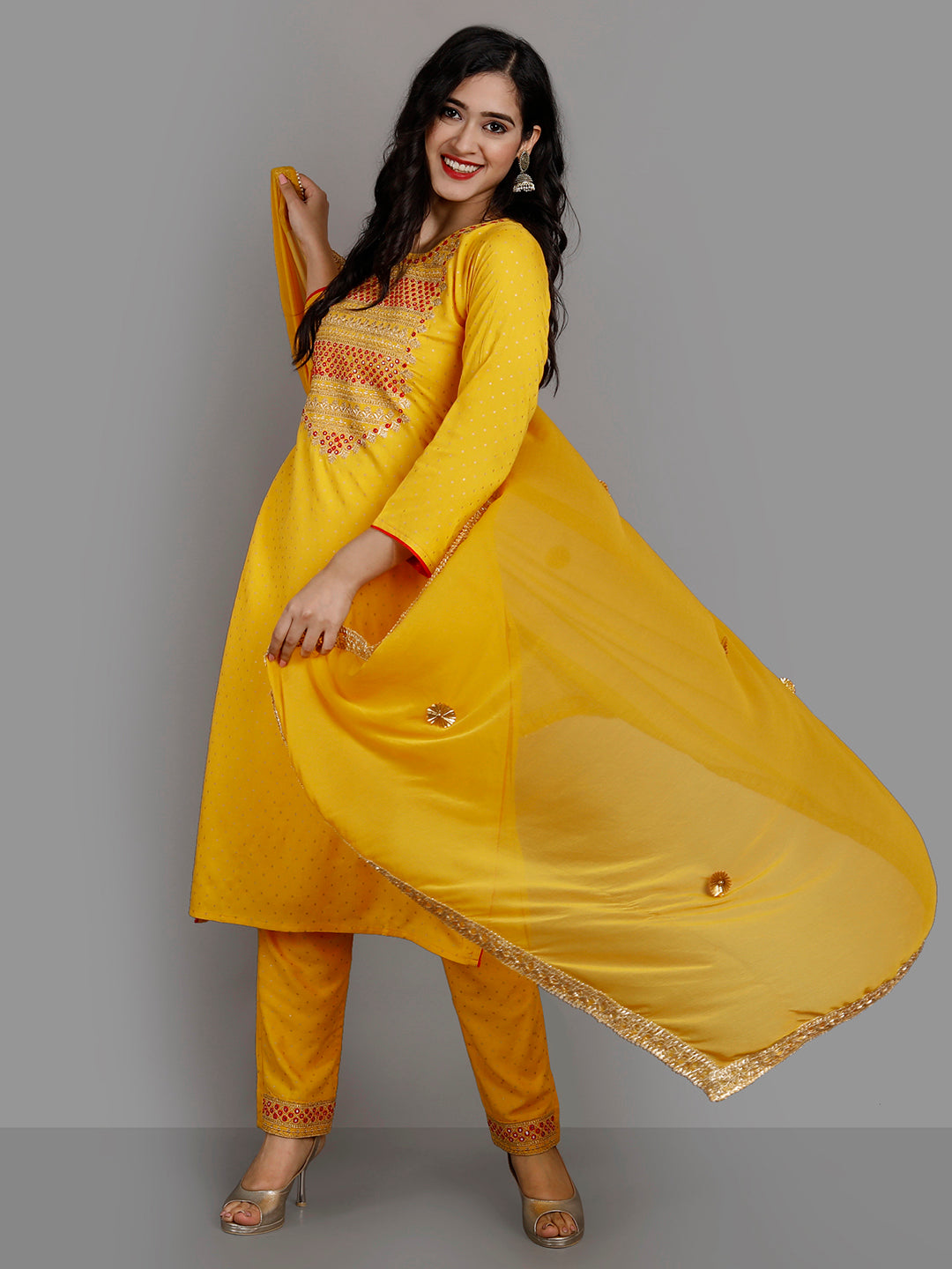 Women's Mustard Rayon Kurta Pant And Dupatta Set - Noz2Toz