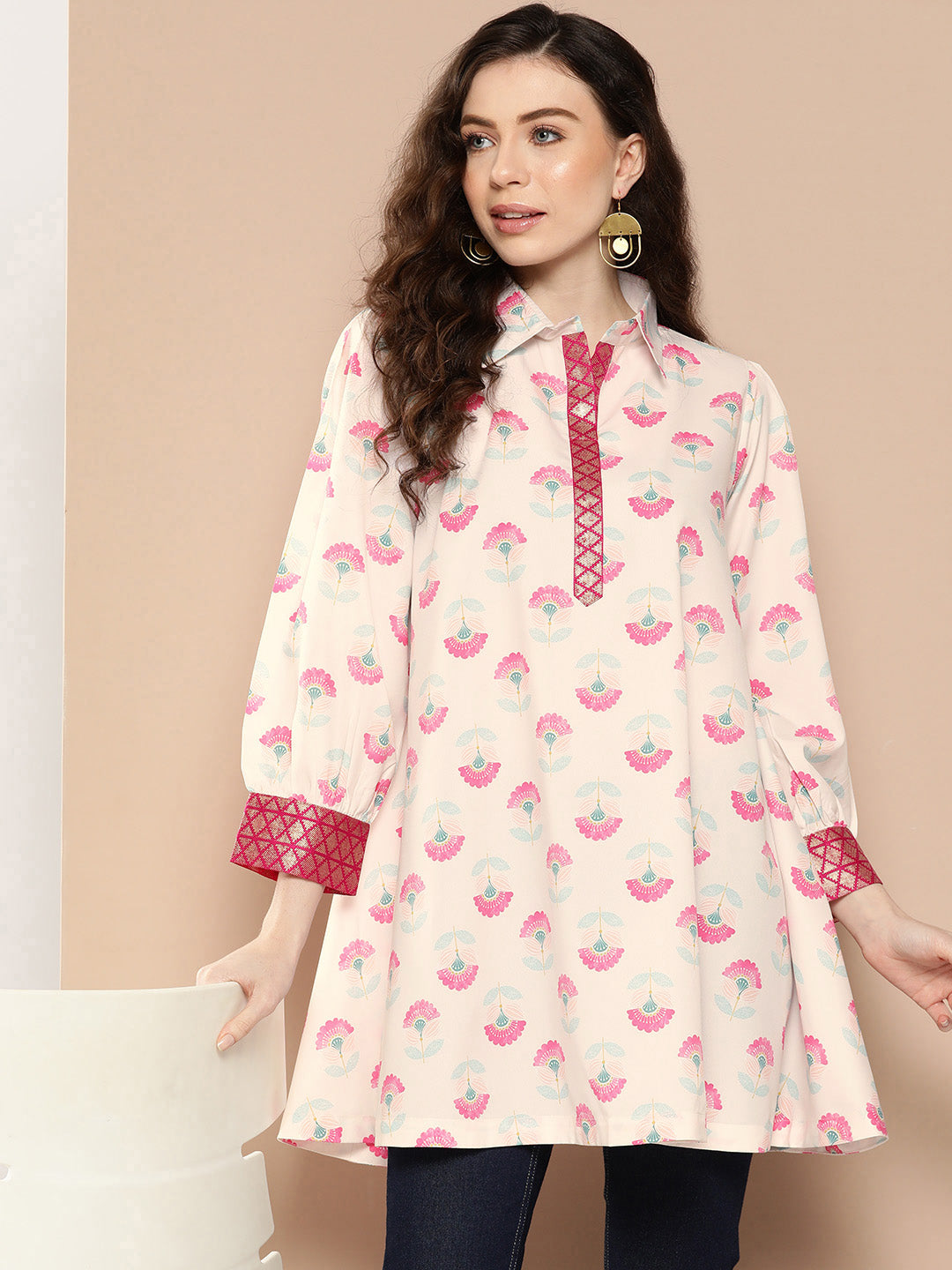 Women's Shirt Collar Printed Tunic - Ahalyaa