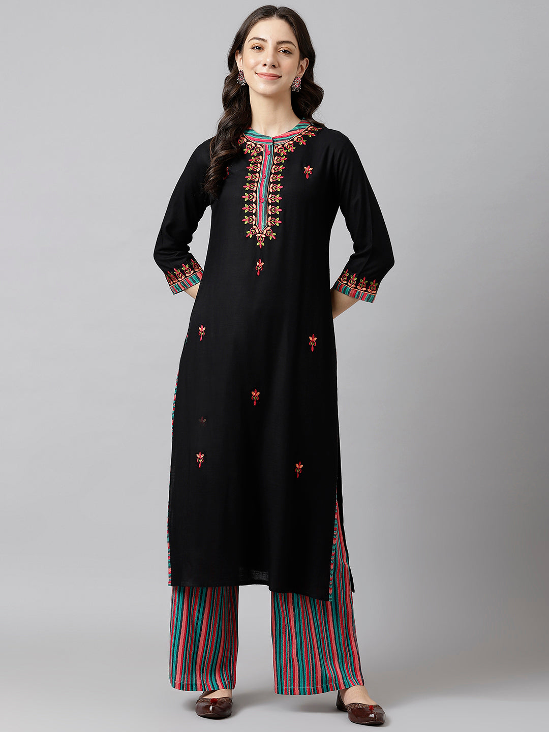 Women's Black Rayon Embroidery Straight Kurta - Deckedup