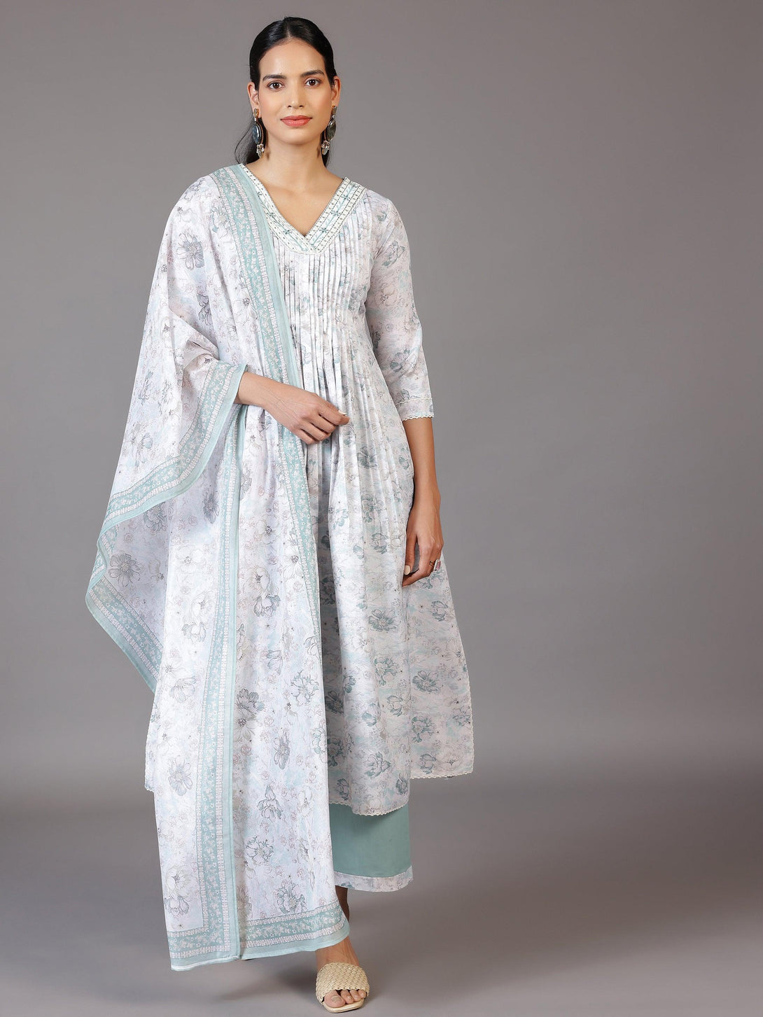 Off White Printed Cotton Blend A-Line Kurta With Palazzos & Dupatta - Jashvi