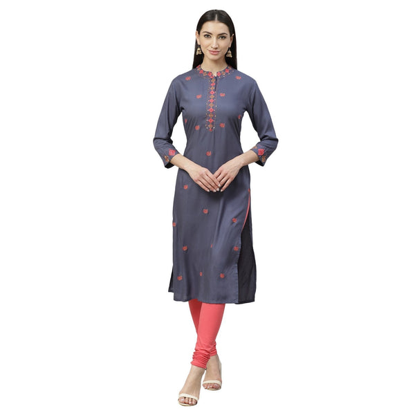 Women's Grey Rayon Printed 3/4 Sleeve Collar Casual Kurta Only - Myshka