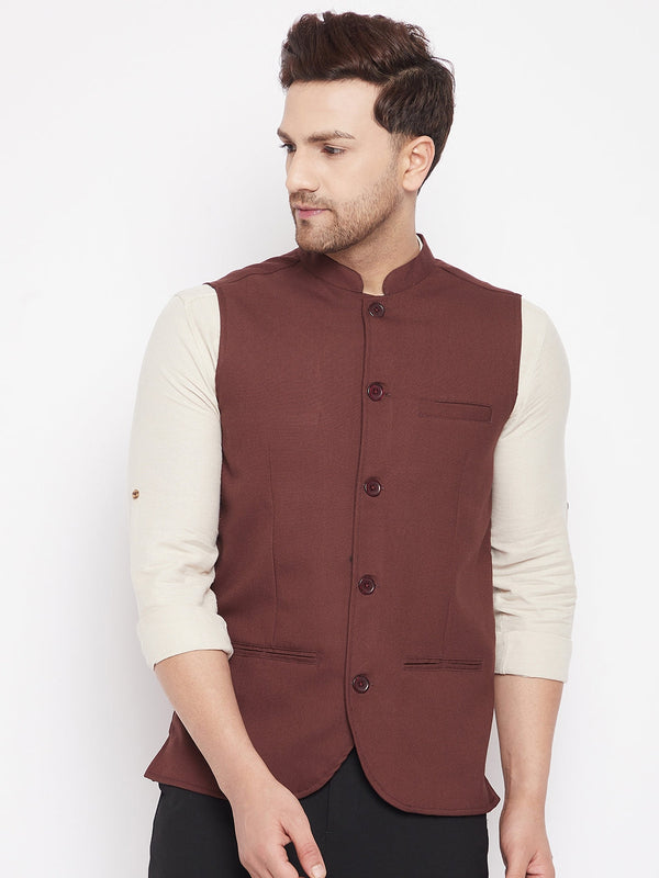 Men's Maroon Color Woven Nehru Jacket - Even Apparels