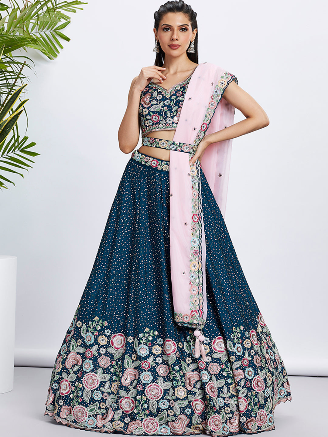 Women's Navy Blue Pure Chiffon Sequins And Thread Embroidery Lehenga Choli & Dupatta - Royal Dwells