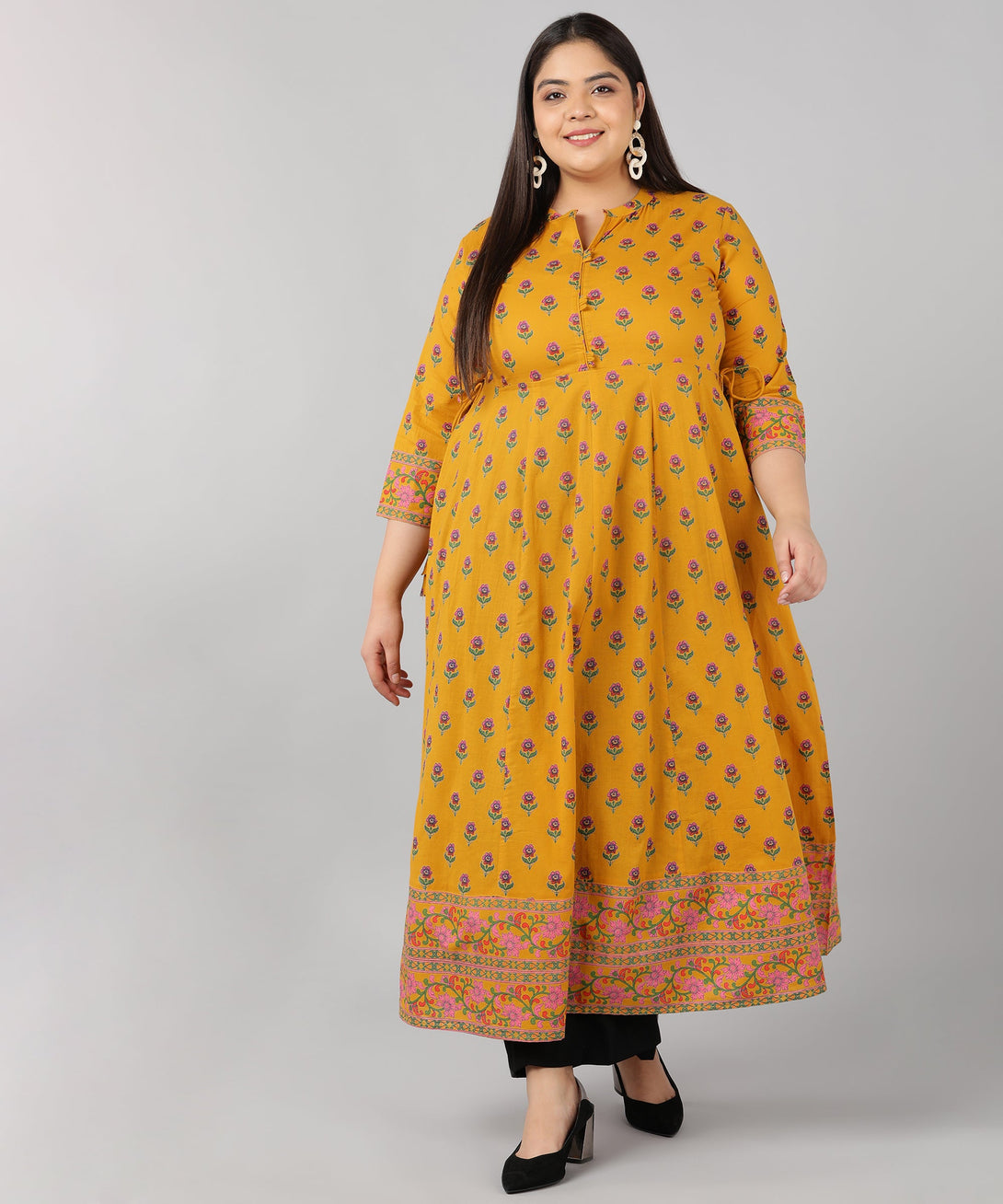 Women's Cotton Block Print Anarkali Kurta (Mustard) - Kipek