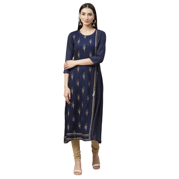 Women's Navy Blue Rayon Gold Print Printed 3/4 Sleeve Round Neck Casual Kurta Only - Myshka