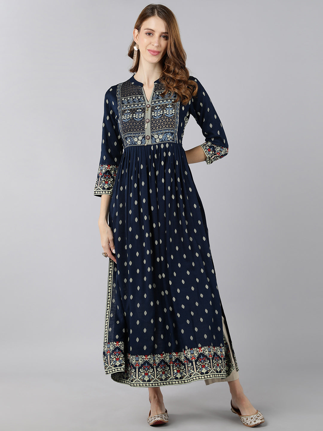 Women's Rayon Block Print A-Line Kurta (Navy Blue) - Kipek