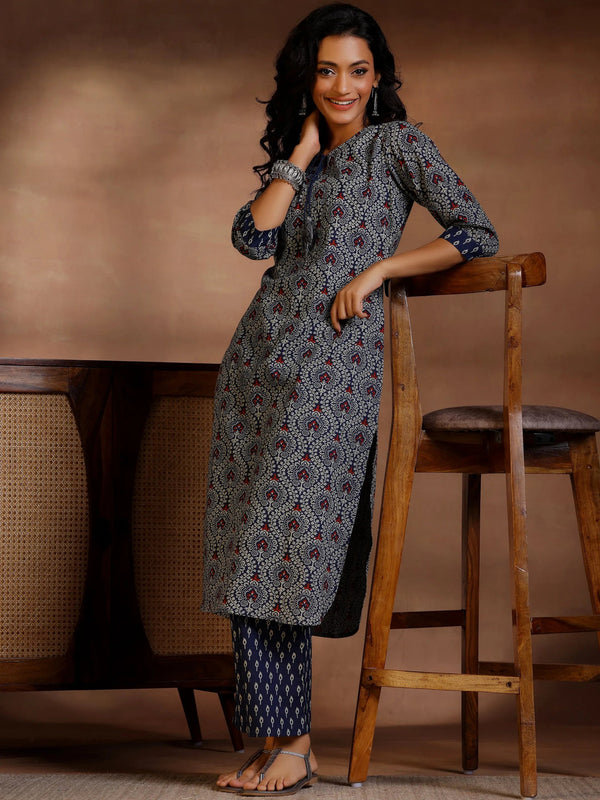 Blue Printed Cotton Straight Kurta Set