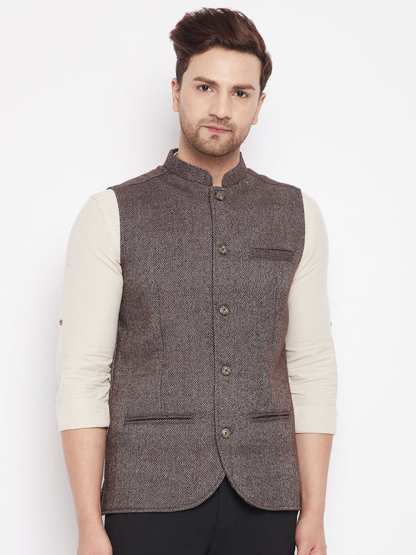 Men's Brown Color Woven Nehru Jacket - Even Apparels