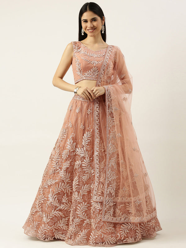 Women's Peach Net Sequinse Work Ready To Wear  Lehenga & Unstitched Blouse, Dupatta - Royal Dwells