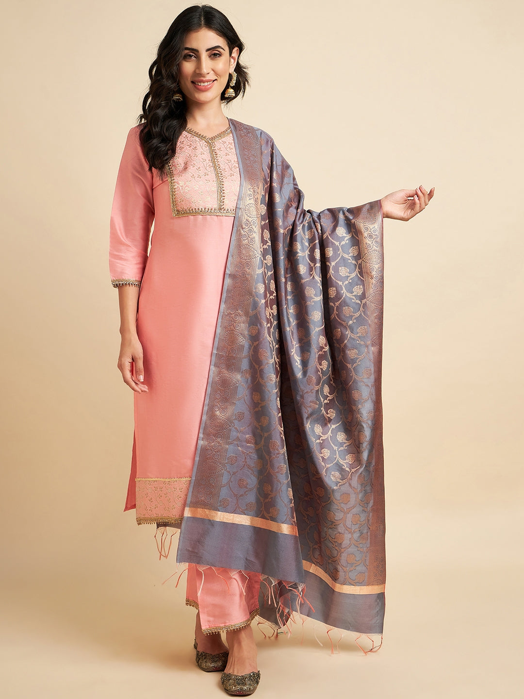 Women's Peach Raw Silk Straight Calf Length Kurta With Palazzo Dupatta Set - Azira