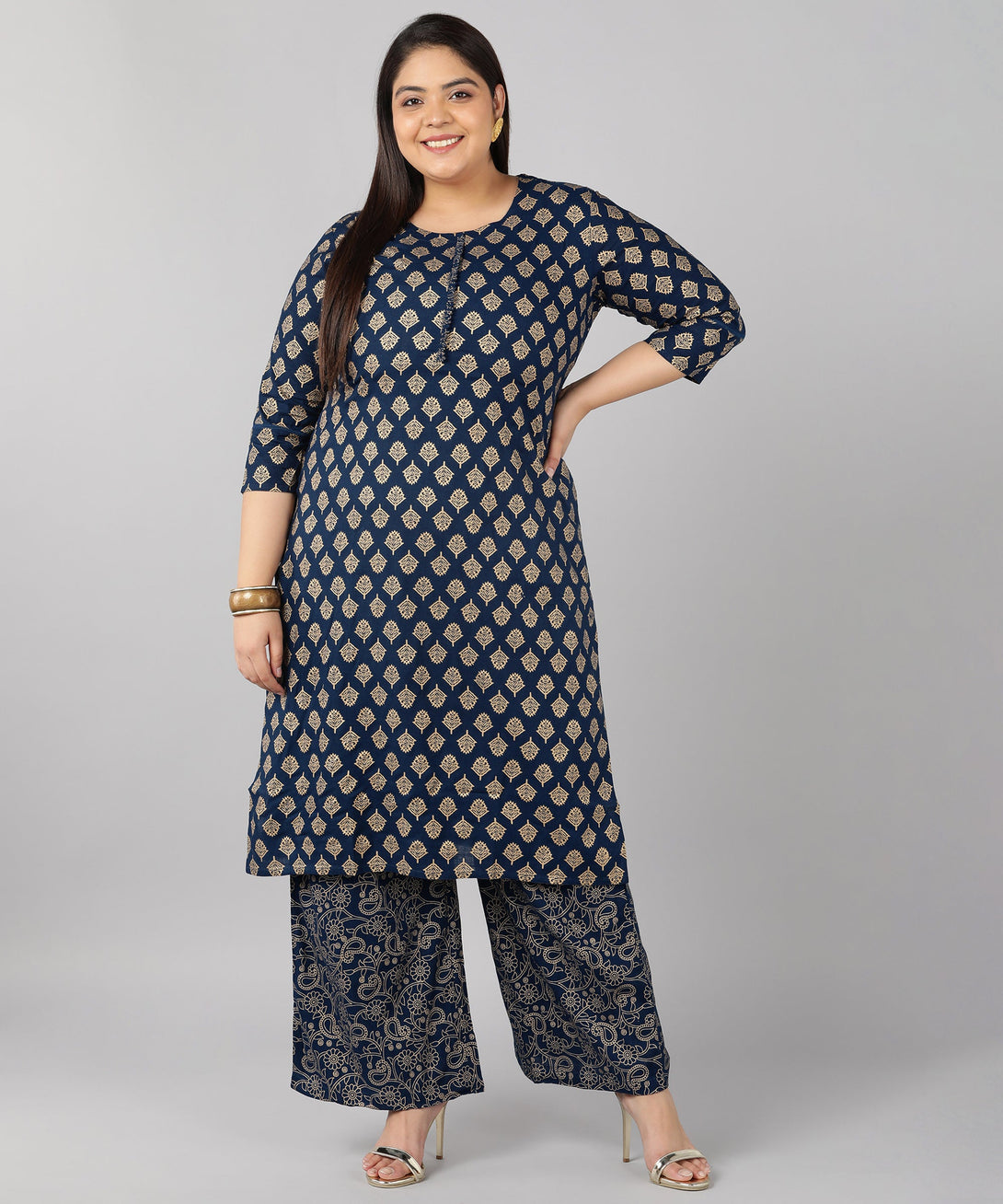 Women's Rayon Gold Print Straight Kurta Set (Teal) - Kipek