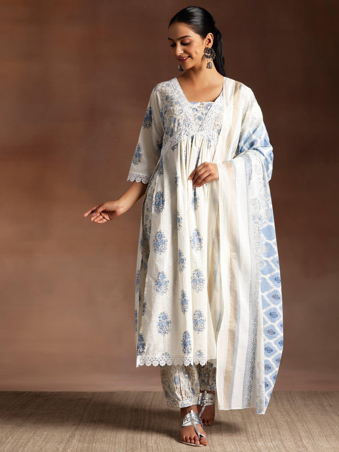 Gauhar White Printed Cotton A-Line Kurta With Salwar & Dupatta - Jashvi