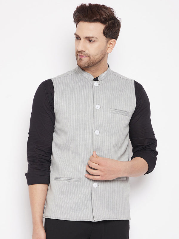 Men's Grey Color Woven Nehru Jacket - Even Apparels