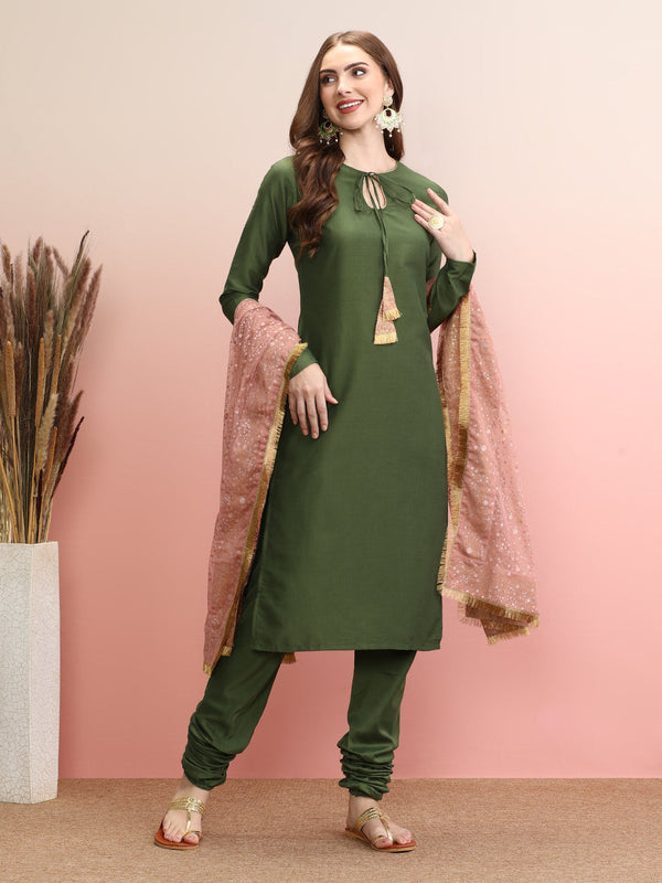 Tie-Up Neck Regular Sleeves Straight Kurta Set