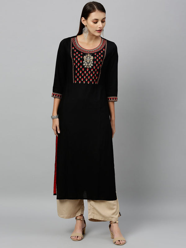 Women's Black Embroidered Kurta by Kipek- (1pc set)