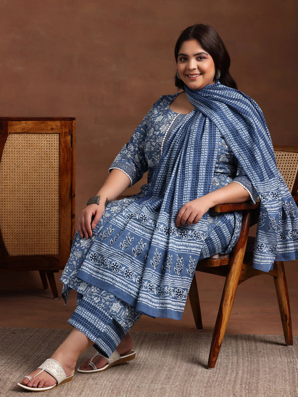 Plus Size Blue Printed Cotton Straight Suit With Dupatta