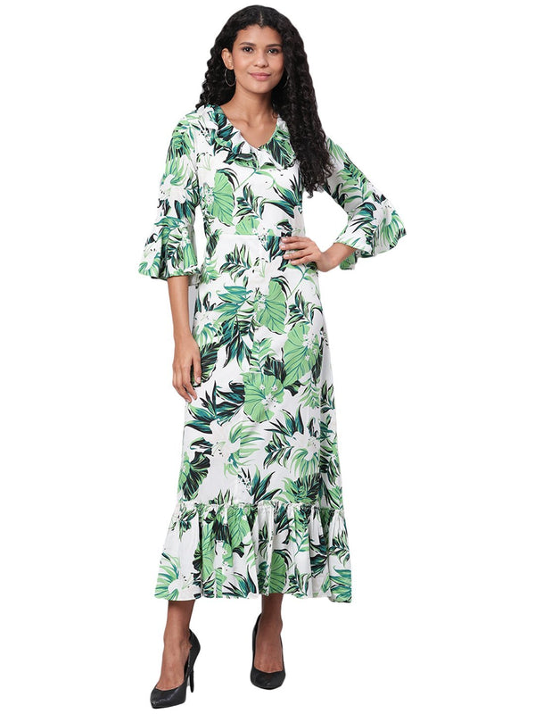 Women's Green Printed 3/4 Sleeve Polyester V Neck Casual Kurta Only - Myshka