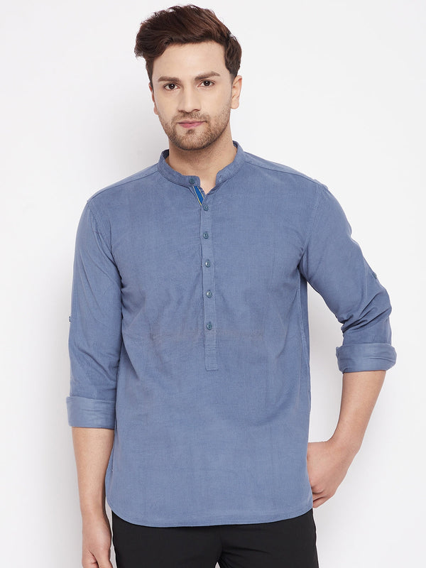 Men's Grey Color Short Kurta with Band Collar - Even Apparels