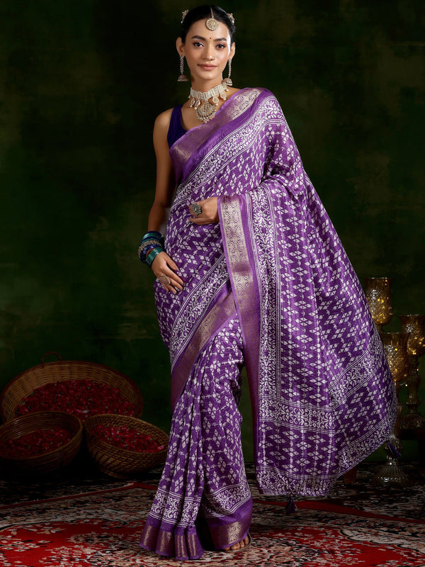 Purple Printed Silk Blend Saree With Unstitched Blouse Piece