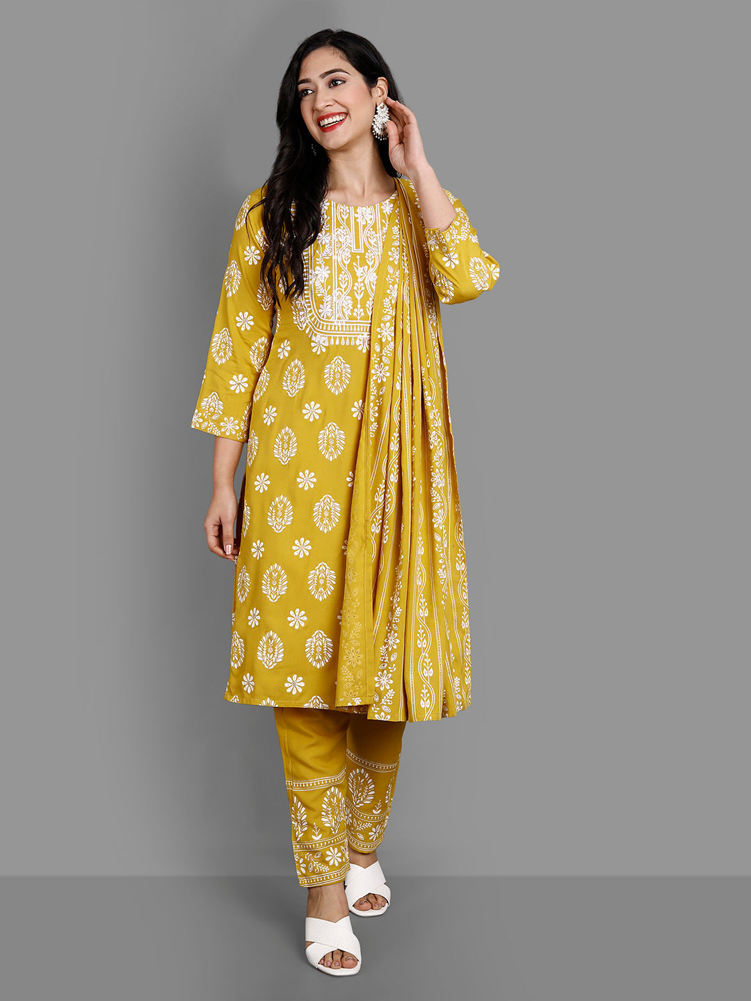 Women's Mustard Rayon Kurta Pant And Dupatta Set - Noz2Toz