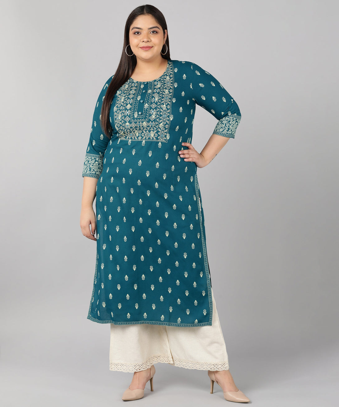 Women's Rayon Block Print Straight Kurta (Turquoise) - Kipek