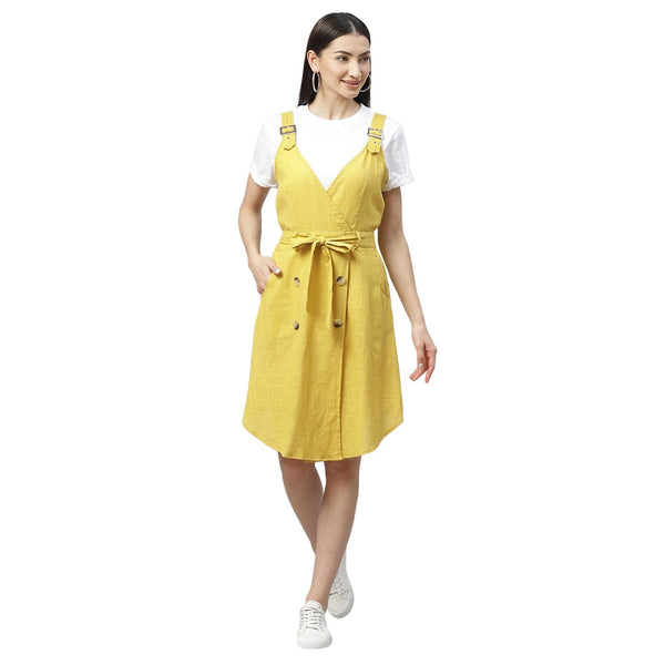 Women's Yellow Cotton Slub Solid Sleeveless Srep Neck Casual Dress - Myshka