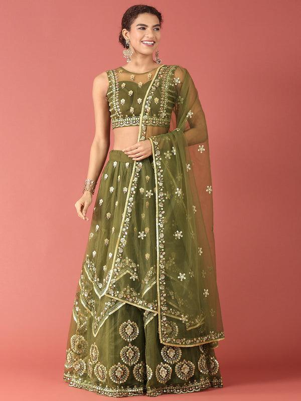 Women's Olive Net Sequince Work Lehenga & Blouse, Dupatta - Royal Dwells