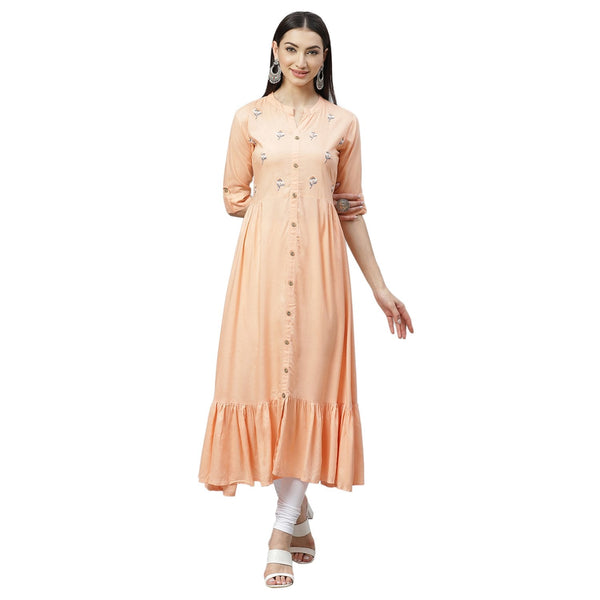 Women's Peach Rayon Embroidered 3/4 Sleeve Collar Casual Kurta Only - Myshka