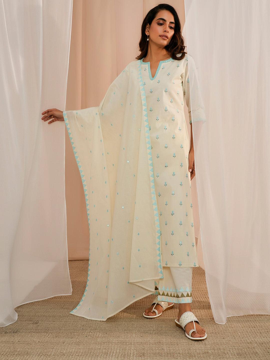 Off White Embroidered Cotton Straight Suit With Dupatta - Jashvi