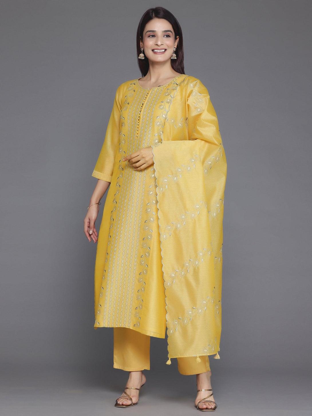 Yellow Embroidered Chanderi Silk Straight Suit With Dupatta - Jashvi