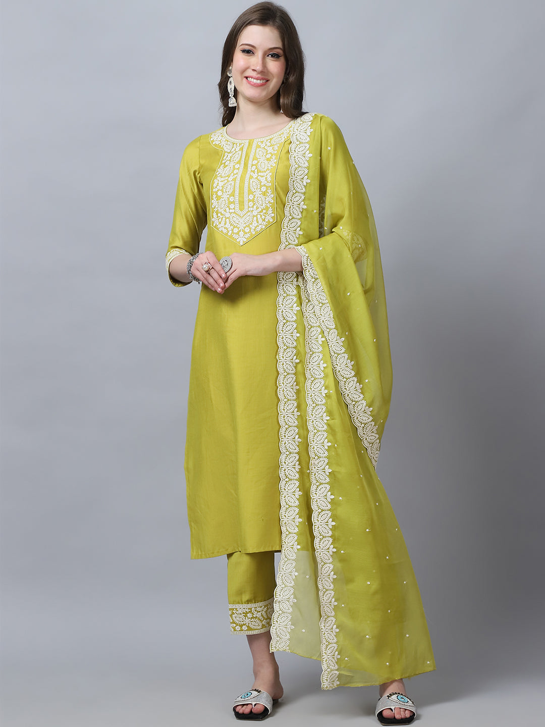 Women's Yellow Silk Embroidery Kurti Pant With Dupatta - Alvami