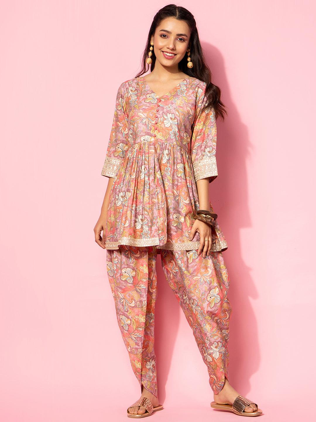 Peach Printed Silk Blend Co-Ords - Jashvi