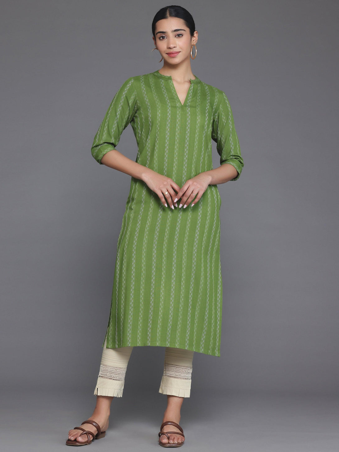 Green Striped Rayon Straight Kurta - Jashvi